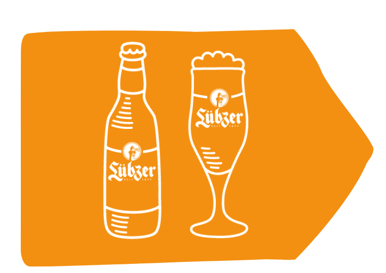 Zeichnung einer Lübzer Bierflasche und eines Lübzer Bierglases.