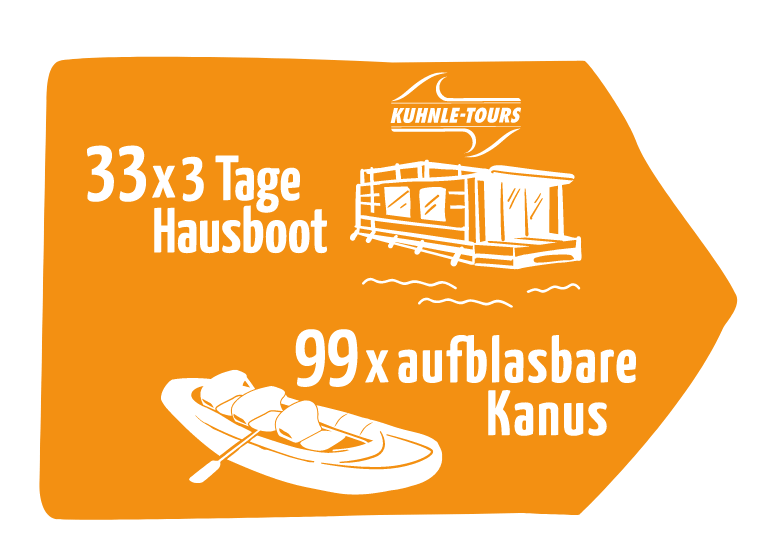 Icon für ein Hausboot mit Kuhnle-Tours-Logo sowie ein Icon eines aufblasbaren Kanus.